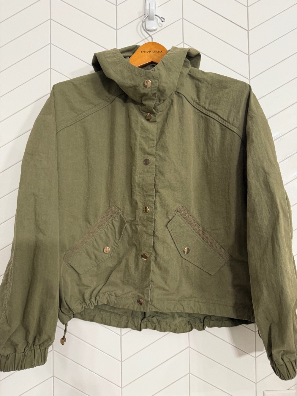 Zara Women's Olive Green Hooded Utility Jacket Gold Snaps|  Small